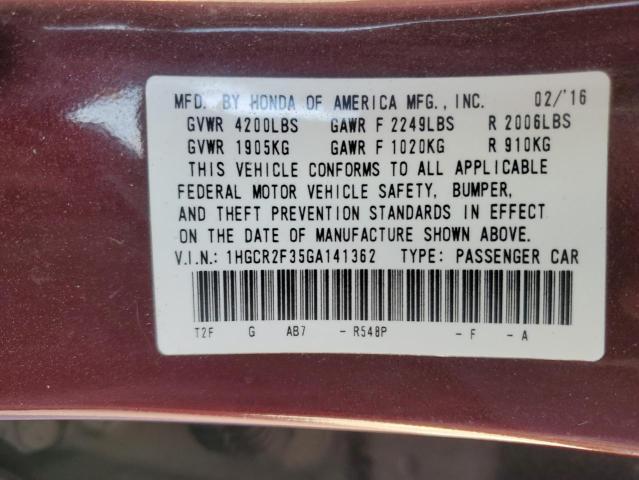 1HGCR2F35GA141362 - 2016 HONDA ACCORD LX 勃艮第红 照片 12