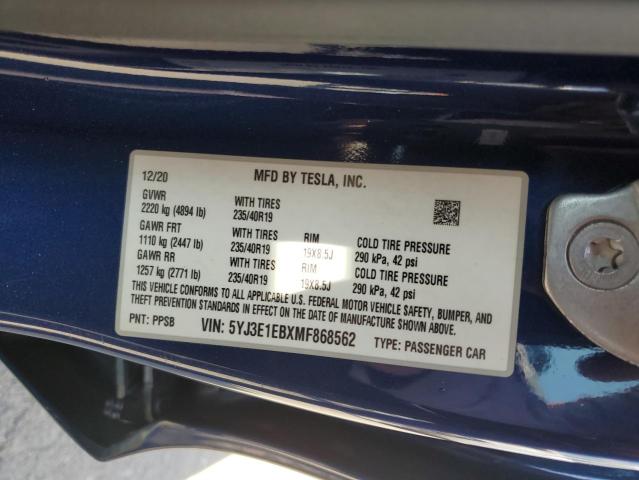 5YJ3E1EBXMF868562 - 2021 TESLA MODEL 3 Կապույտ լուսանկար 12