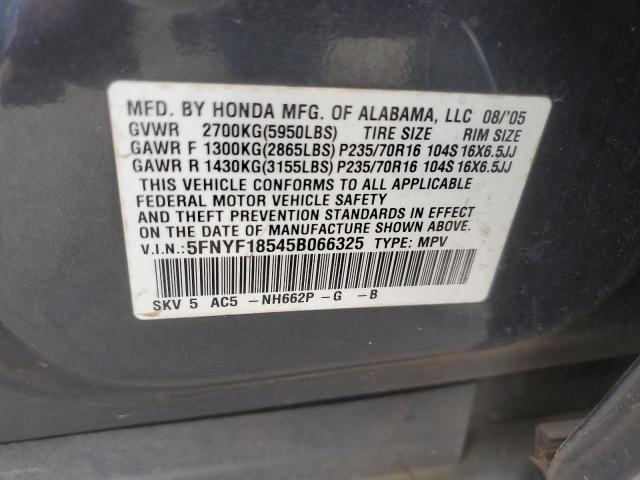 5FNYF18545B066325 - 2005 HONDA PILOT EXL GRAY photo 12