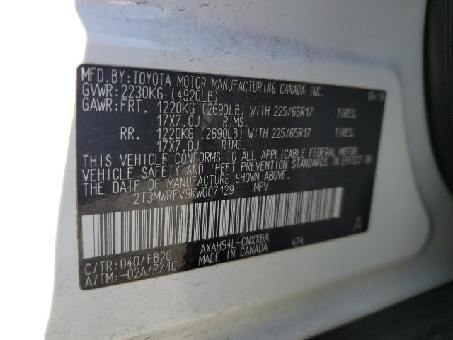 2T3MWRFV9KW007129 - 2019 TOYOTA RAV4 LE Beyaz fotoğraf 12