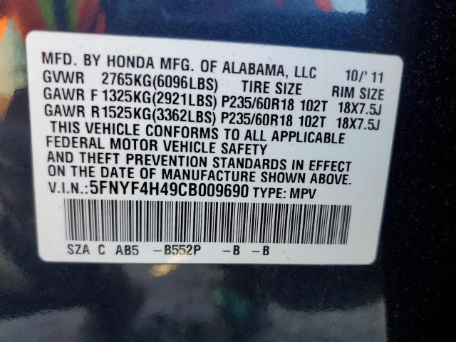 5FNYF4H49CB009690 - 2012 HONDA PILOT EX BLUE photo 13