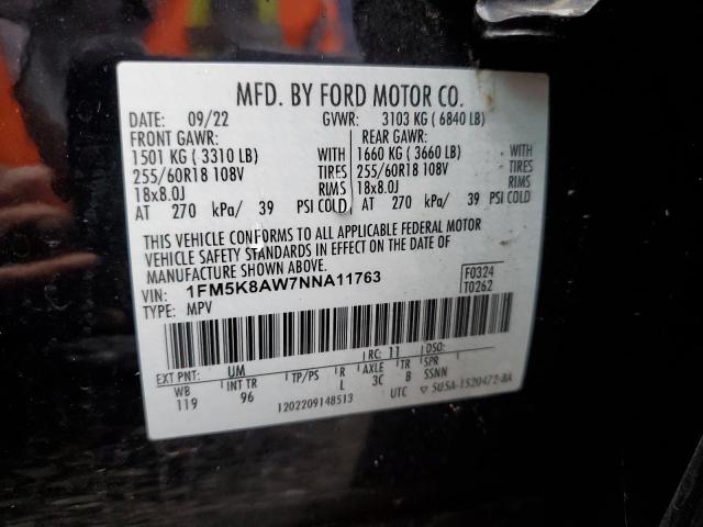 1FM5K8AW7NNA11763 - 2022 FORD EXPLORER POLICE INTERCEPTOR Երկգույն լուսանկար 12