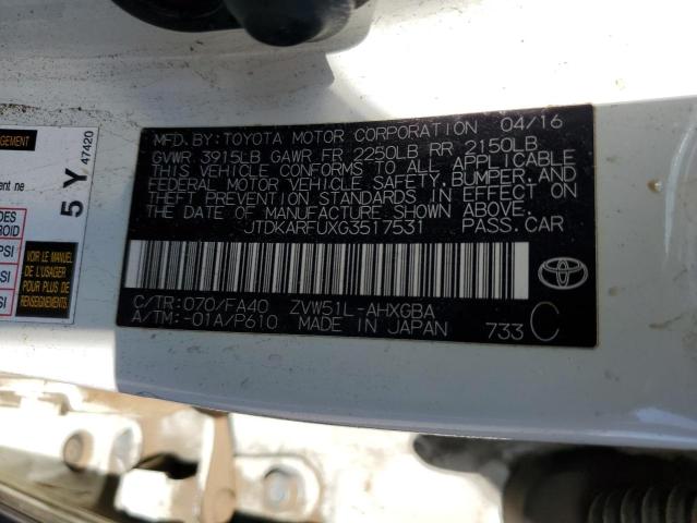 JTDKARFUXG3517531 - 2016 TOYOTA PRIUS 白色 照片 13