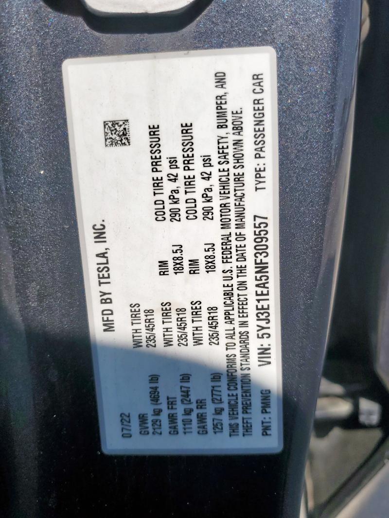 5YJ3E1EA5NF309557 - 2022 TESLA MODEL 3 黑色 照片 12