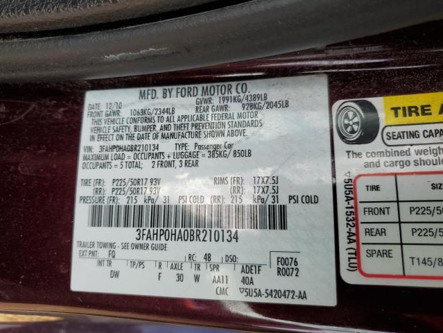 3FAHP0HA0BR210134 - 2011 FORD FUSION SE BURGUNDY photo 12