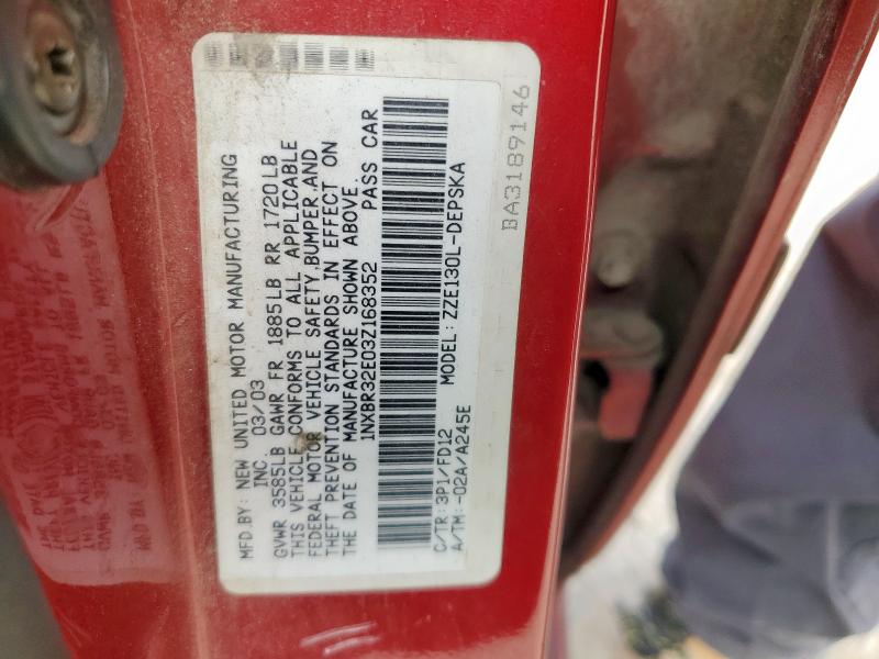 1NXBR32E03Z168352 - 2003 TOYOTA COROLLA CE 勃艮第红 照片 12