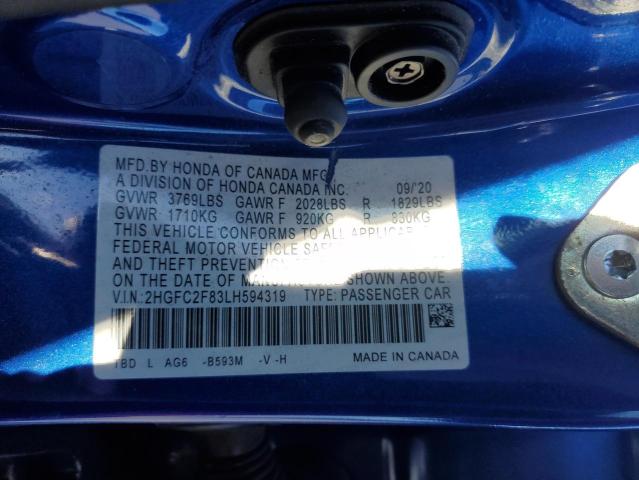 2HGFC2F83LH594319 - 2020 HONDA CIVIC SPORT BLUE photo 12
