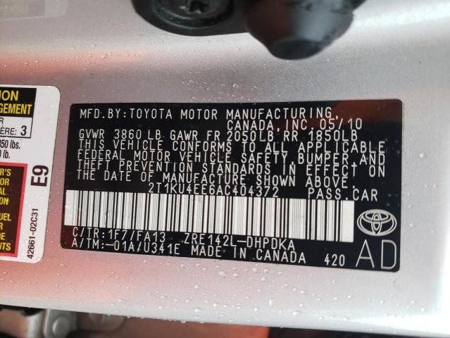 2T1KU4EE6AC404372 - 2010 TOYOTA COROLLA MA SILVER photo 12