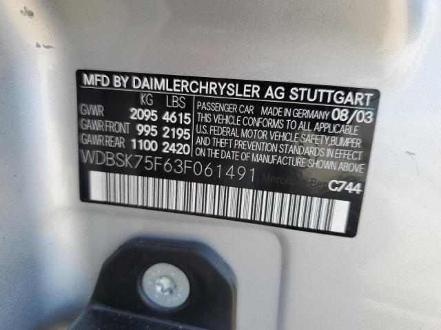 WDBSK75F63F061491 - 2003 MERCEDES-BENZ SL 500R SILVER photo 12