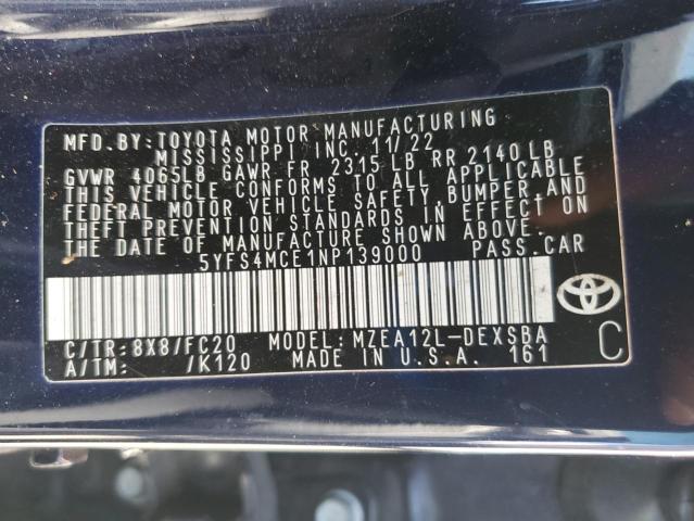 5YFS4MCE1NP139000 - 2022 TOYOTA COROLLA SE BLUE photo 13