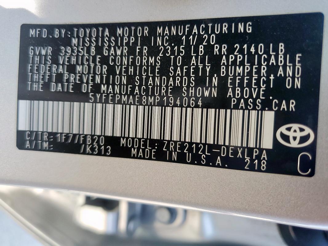 5YFEPMAE8MP194064 - 2021 TOYOTA COROLLA LE SILVER photo 12