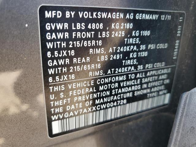 WVGAV7AXXCW004726 - 2012 VOLKSWAGEN TIGUAN S GRAY photo 12