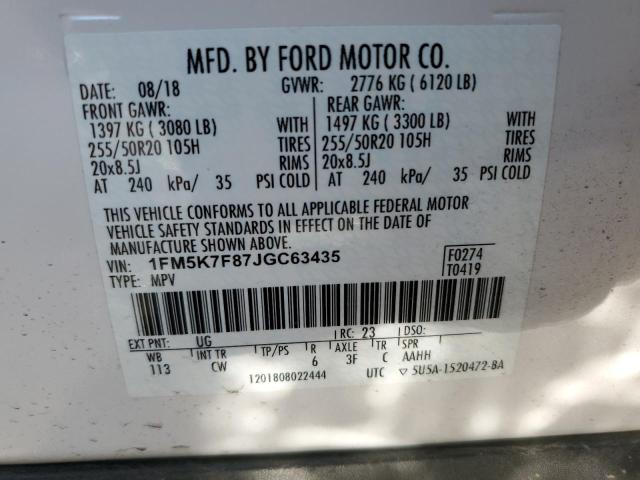 1FM5K7F87JGC63435 - 2018 FORD EXPLORER LIMITED Weiß Foto 14