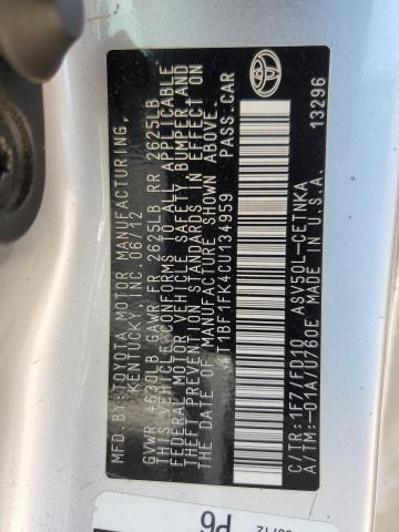 4T1BF1FK4CU134959 - 2012 TOYOTA CAMRY BASE SILVER photo 12