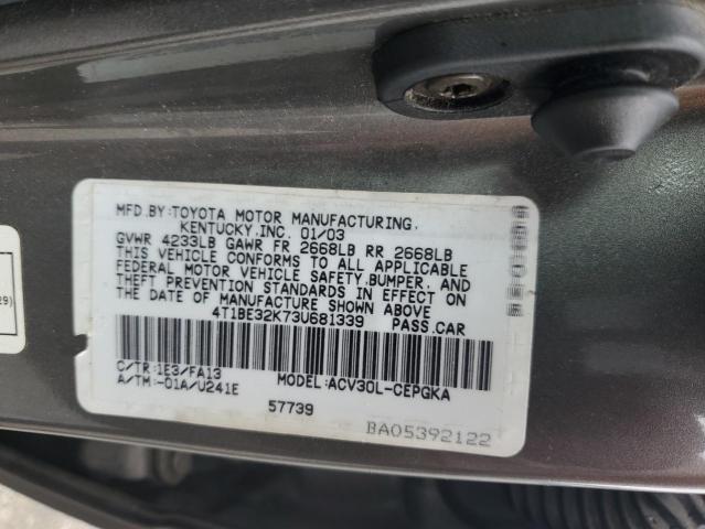 4T1BE32K73U681339 - 2003 TOYOTA CAMRY LE GRAY photo 12