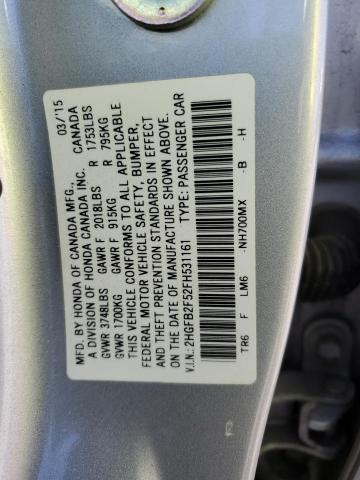 2HGFB2F52FH531161 - 2015 HONDA CIVIC LX SILVER photo 12
