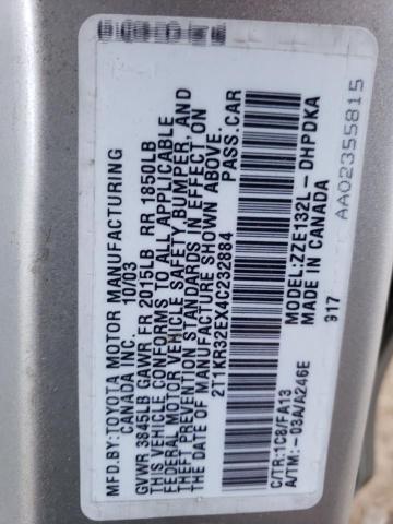 2T1KR32EX4C232884 - 2004 TOYOTA COROLLA MA XR SILVER photo 13