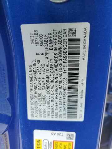 2HGFE1F76NH319008 - 2022 HONDA CIVIC EX BLUE photo 12