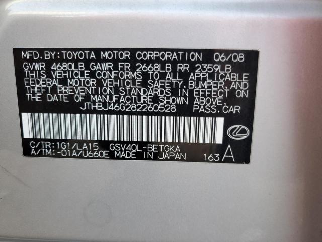 JTHBJ46G282260528 - 2008 LEXUS ES 350 SILVER photo 12