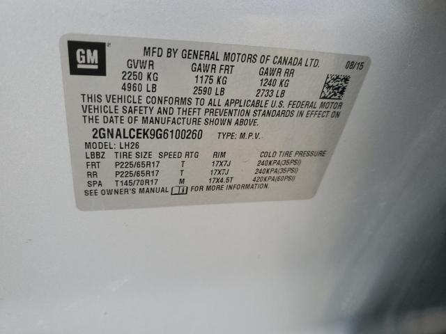 2GNALCEK9G6100260 - 2016 CHEVROLET EQUINOX LT SILVER photo 12