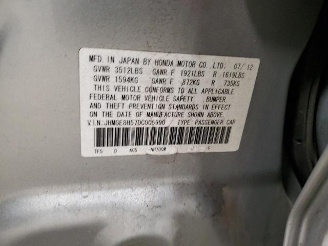 JHMGE8H57DC005990 - 2013 HONDA FIT SPORT SILVER photo 12