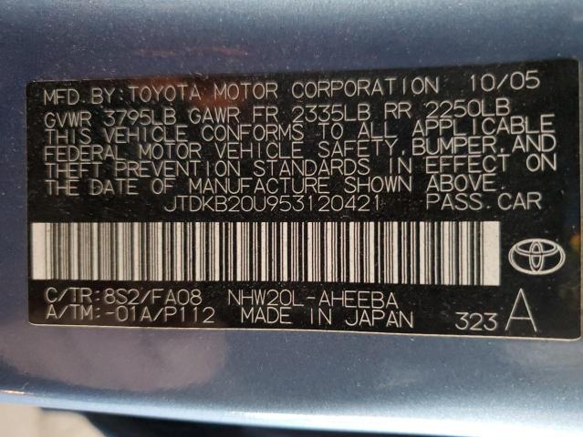 JTDKB20U953120421 - 2005 TOYOTA PRIUS BLUE photo 12