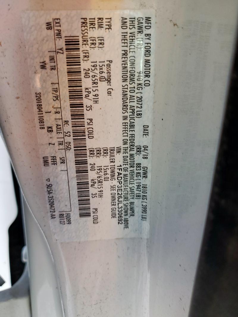 1FADP3E26JL330692 - 2018 FORD FOCUS S თეთრი ფოტო 12