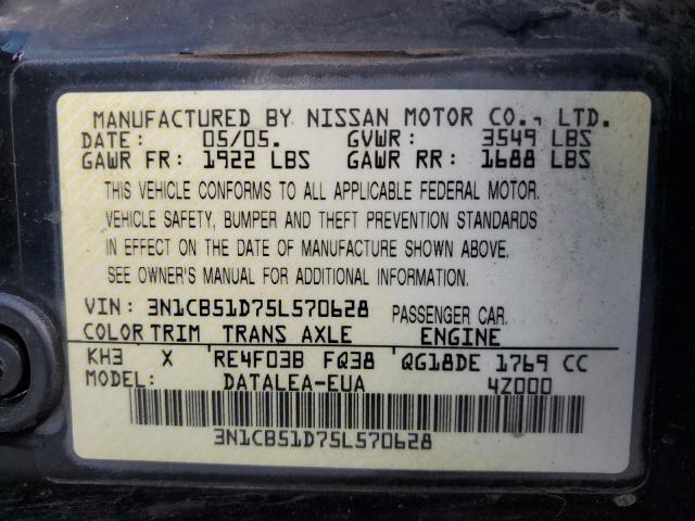 3N1CB51D75L570628 - 2005 NISSAN SENTRA 1.8 BLACK photo 13