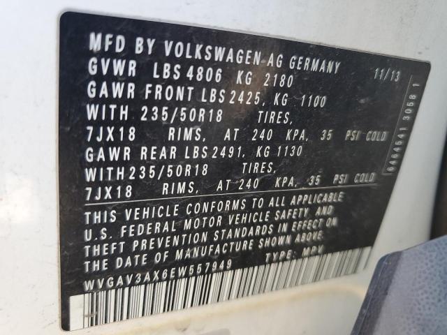 WVGAV3AX6EW557949 - 2014 VOLKSWAGEN TIGUAN S WHITE photo 13