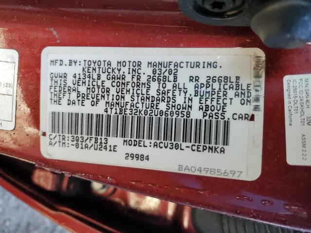 4T1BE32K02U060958 - 2002 TOYOTA CAMRY LE RED photo 12