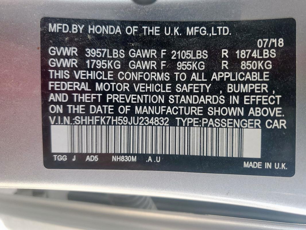 SHHFK7H59JU234832 - 2018 HONDA CIVIC EX SILVER photo 13