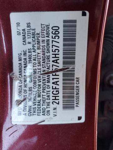 2HGFA1F57AH577560 - 2010 HONDA CIVIC LX MAROON photo 12