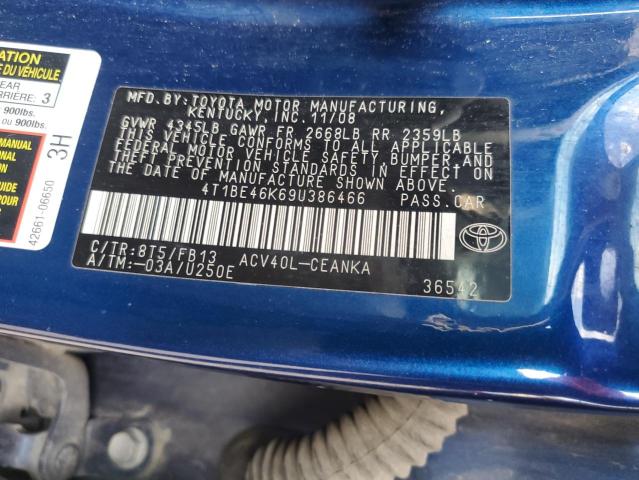 4T1BE46K69U386466 - 2009 TOYOTA CAMRY BASE Niebieski zdjęcie 12