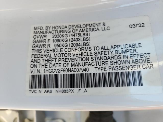1HGCV2F90NA007940 - 2022 HONDA ACCORD TOURING 白色 照片 12