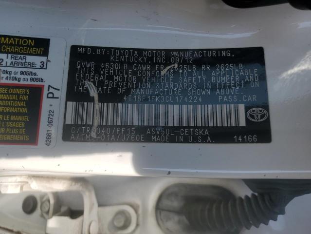 4T1BF1FK3CU174224 - 2012 TOYOTA CAMRY BASE WHITE photo 12