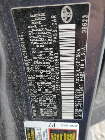 4T1BF1FK9CU113993 - 2012 TOYOTA CAMRY BASE GRAY photo 12