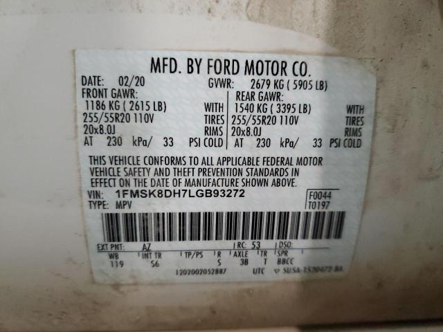 1FMSK8DH7LGB93272 - 2020 FORD EXPLORER XLT WHITE photo 13