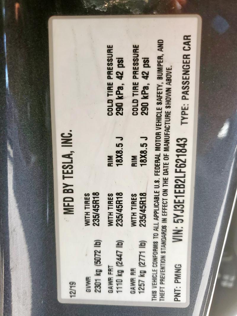 5YJ3E1EB2LF621843 - 2020 TESLA MODEL 3 ნაცრისფერი ფოტო 13