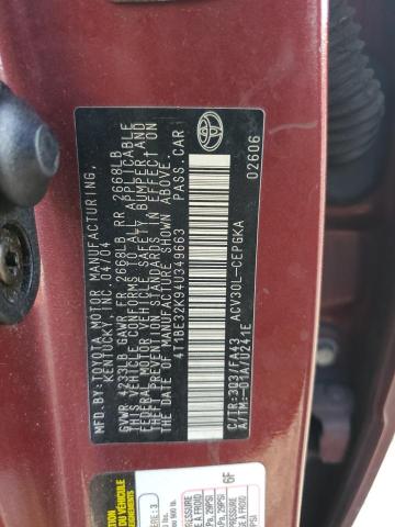 4T1BE32K94U349663 - 2004 TOYOTA CAMRY LE MAROON photo 12