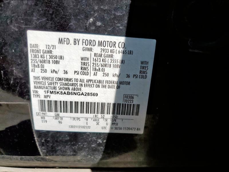 1FM5K8AB6NGA28569 - 2022 FORD EXPLORER POLICE INTERCEPTOR BLACK photo 12