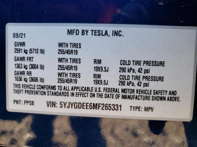 5YJYGDEE6MF265331 - 2021 TESLA MODEL Y BLUE photo 14