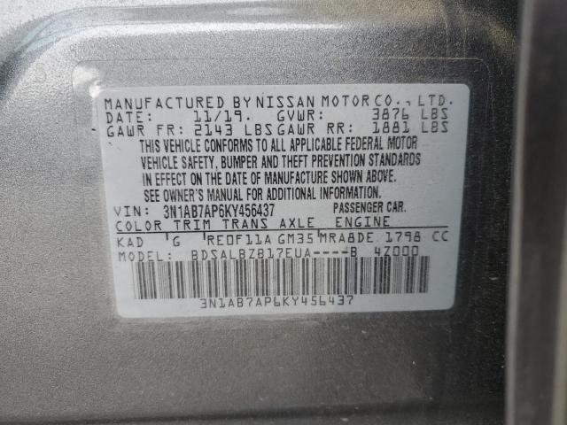 3N1AB7AP6KY456437 - 2019 NISSAN SENTRA S GRAY photo 12