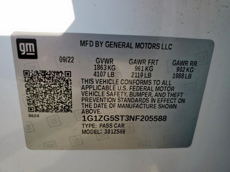 1G1ZG5ST3NF205588 - 2022 CHEVROLET MALIBU RS WHITE photo 12