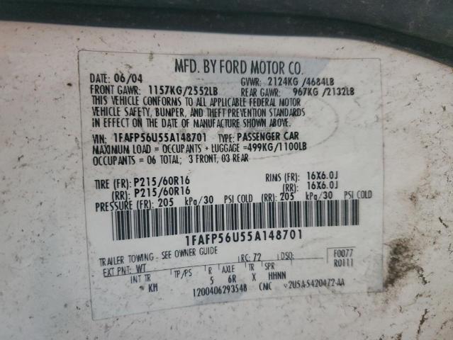 1FAFP56U55A148701 - 2005 FORD TAURUS SEL WHITE photo 12