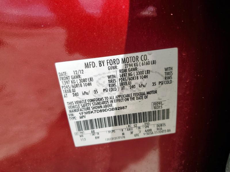 1FM5K7D89DGB92987 - 2013 FORD EXPLORER XLT RED photo 13