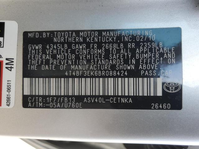 4T4BF3EK6BR088424 - 2011 TOYOTA CAMRY BASE SILVER photo 12