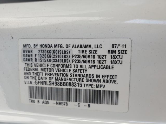 5FNRL5H98BB088315 - 2011 HONDA ODYSSEY TOURING WHITE photo 13