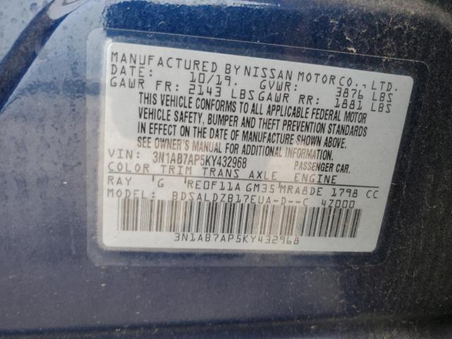 3N1AB7AP5KY432968 - 2019 NISSAN SENTRA S BLUE photo 12