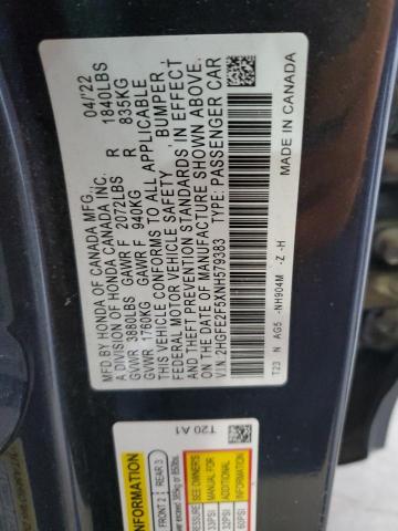 2HGFE2F5XNH579383 - 2022 HONDA CIVIC SPORT BLUE photo 12