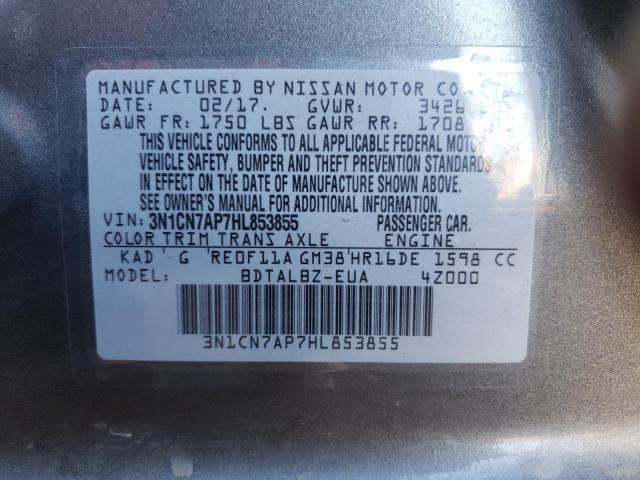 3N1CN7AP7HL853855 - 2017 NISSAN VERSA S GRAY photo 12